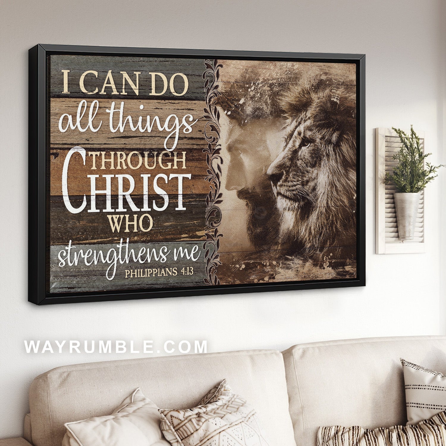 Brown lion, The face of Jesus, I can do all things through Christ - Jesus Landscape Canvas Prints, Home Decor Wall Art