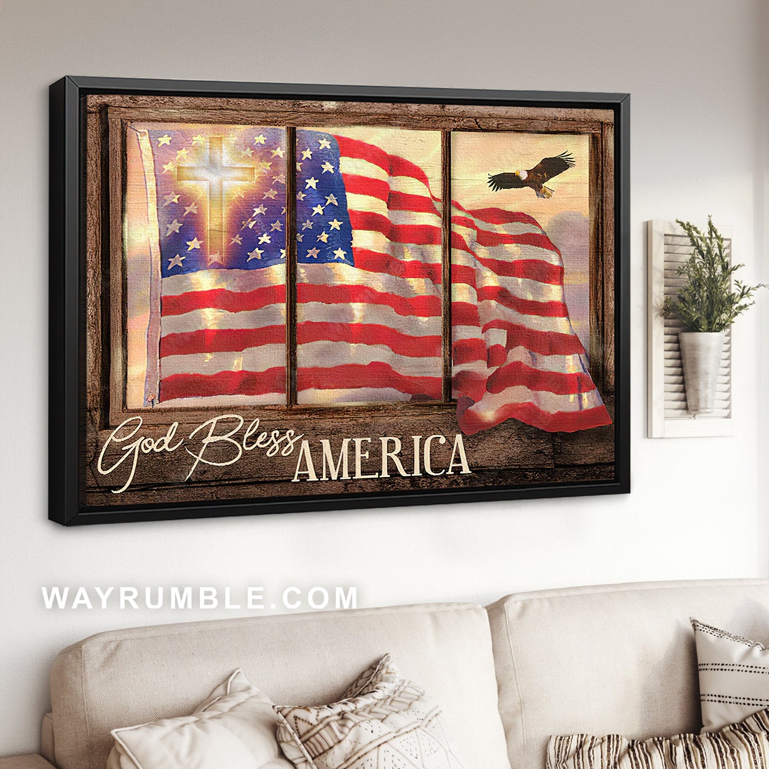 Beautiful US flag, Cross symbol, Vintage window, God bless America - Jesus Landscape Canvas Prints, Christian Wall Art