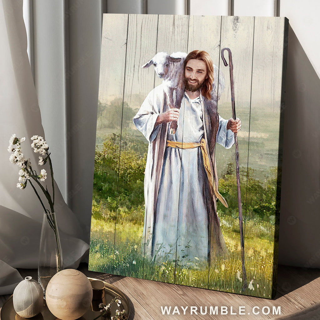 The life of Jesus, Green meadow, White lamb, Lamb of God - Jesus Portrait Canvas Prints, Home Decor Wall Art