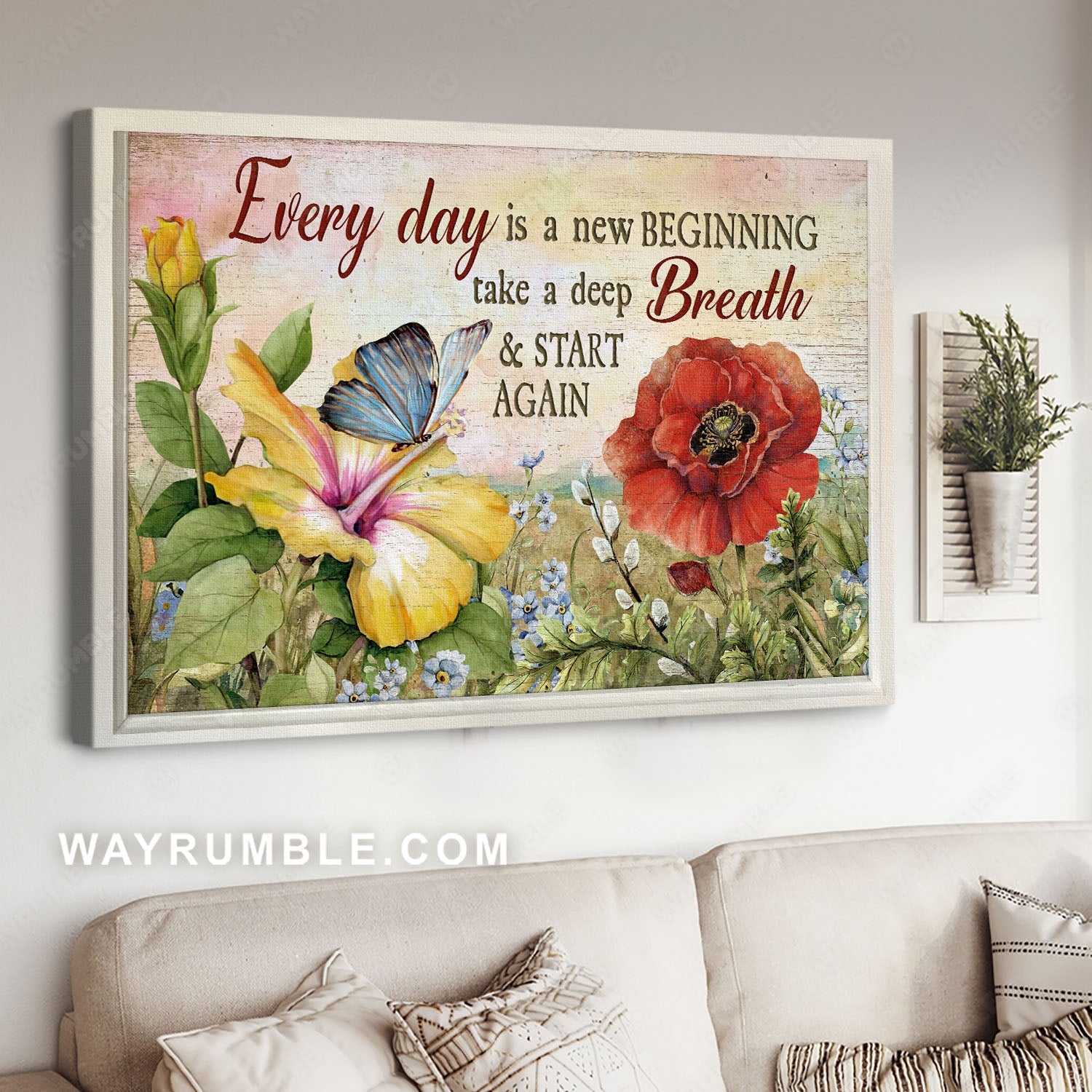 Beautiful poppy, Yellow flower, Blue butterfly, Every day is a new beginning - Jesus Landscape Canvas Prints, Home Decor Wall Art