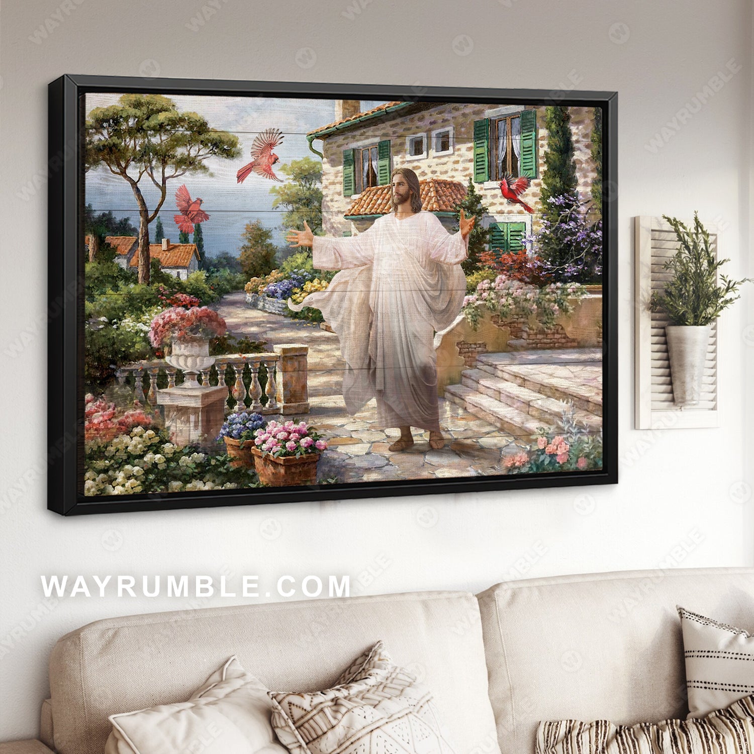 Amazing scene, Colorful garden, Lovely cardinal, The life of Jesus - Jesus Landscape Canvas Prints, Home Decor Wall Art