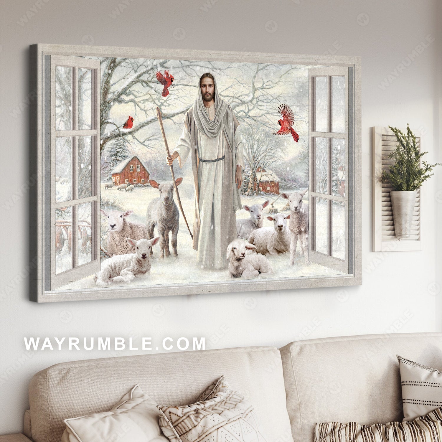 Lamb farm, Winter forest, Red cardinal, Walking with Jesus - Jesus Landscape Canvas Prints, Home Decor Wall Art