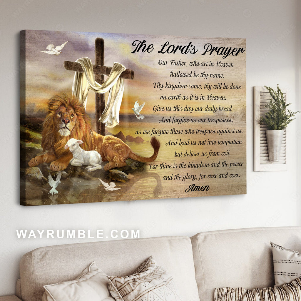 Lion of Judah, Lamb of Jesus, Wooden cross, The Lord's prayer - Jesus Landscape Canvas Prints, Christian Wall Art