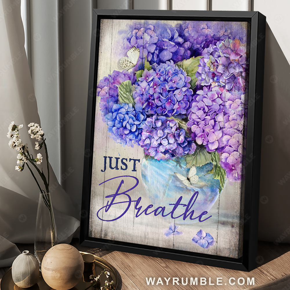 Beautiful hydrangea drawing, Purple flower, Just breathe - Jesus Portrait Canvas Prints, Christian Wall Art