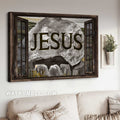 Rock mountain, Meadow land, Wooden window, Jesus - Jesus Landscape Canvas Prints, Home Decor Wall Art