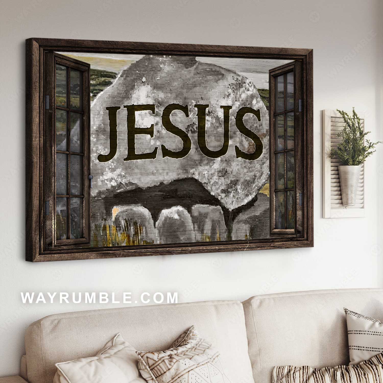 Rock mountain, Meadow land, Wooden window, Jesus - Jesus Landscape Canvas Prints, Home Decor Wall Art