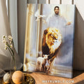 The world of Jesus, Stunning lion, Little lamb of God, White dove - Jesus Portrait Canvas Prints, Home Decor Wall Art