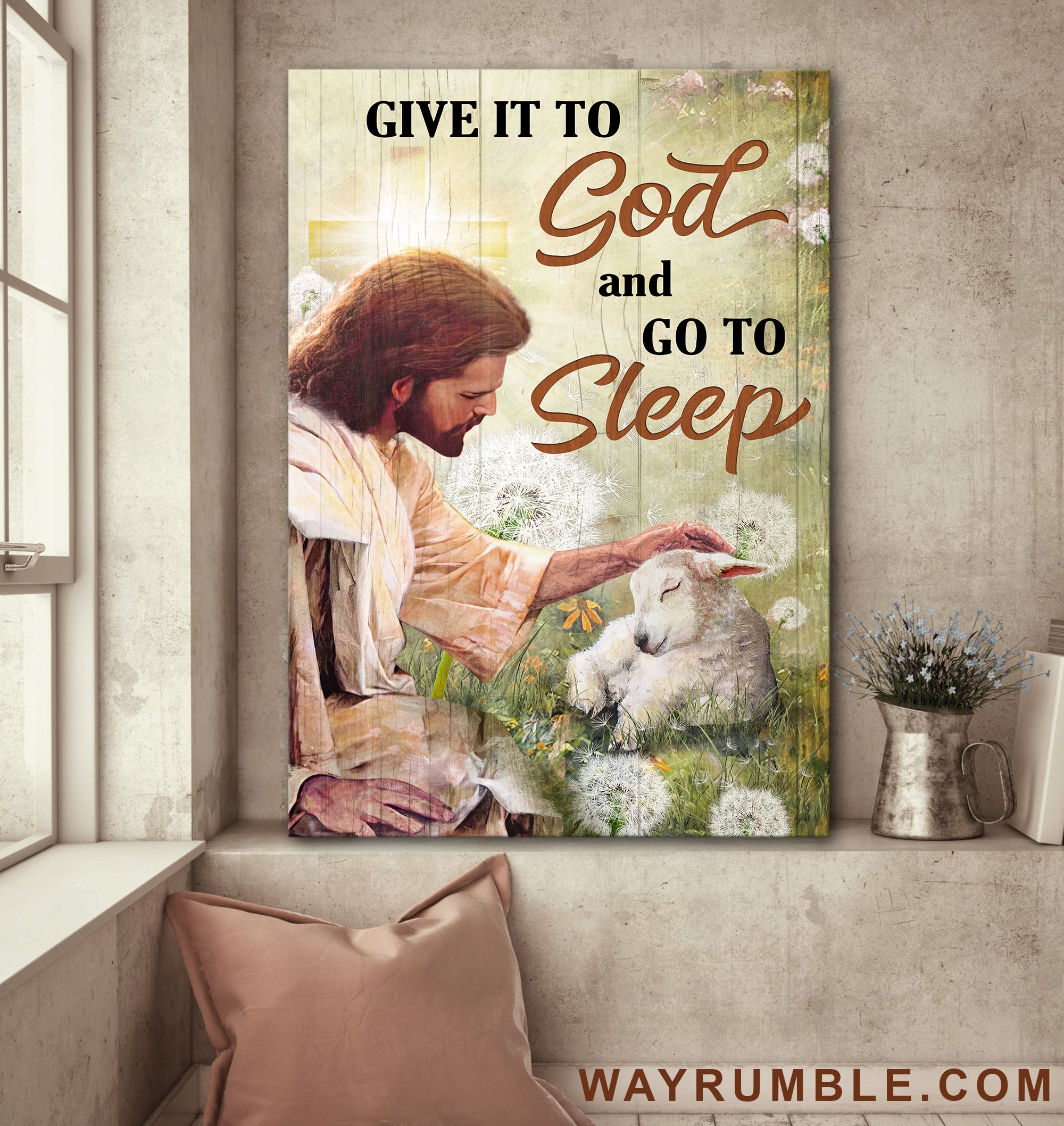 Jesus, Baby lamb, Dandelion field - Jesus Portrait Canvas Prints, Wall Art