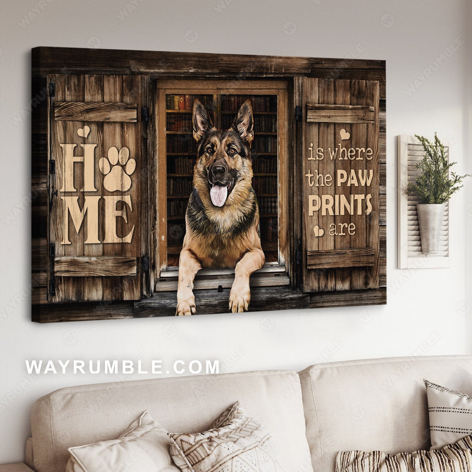 German Shepherd, By the window, Home is where the paw prints are - Jesus Landscape Canvas Prints, Christian Wall Art