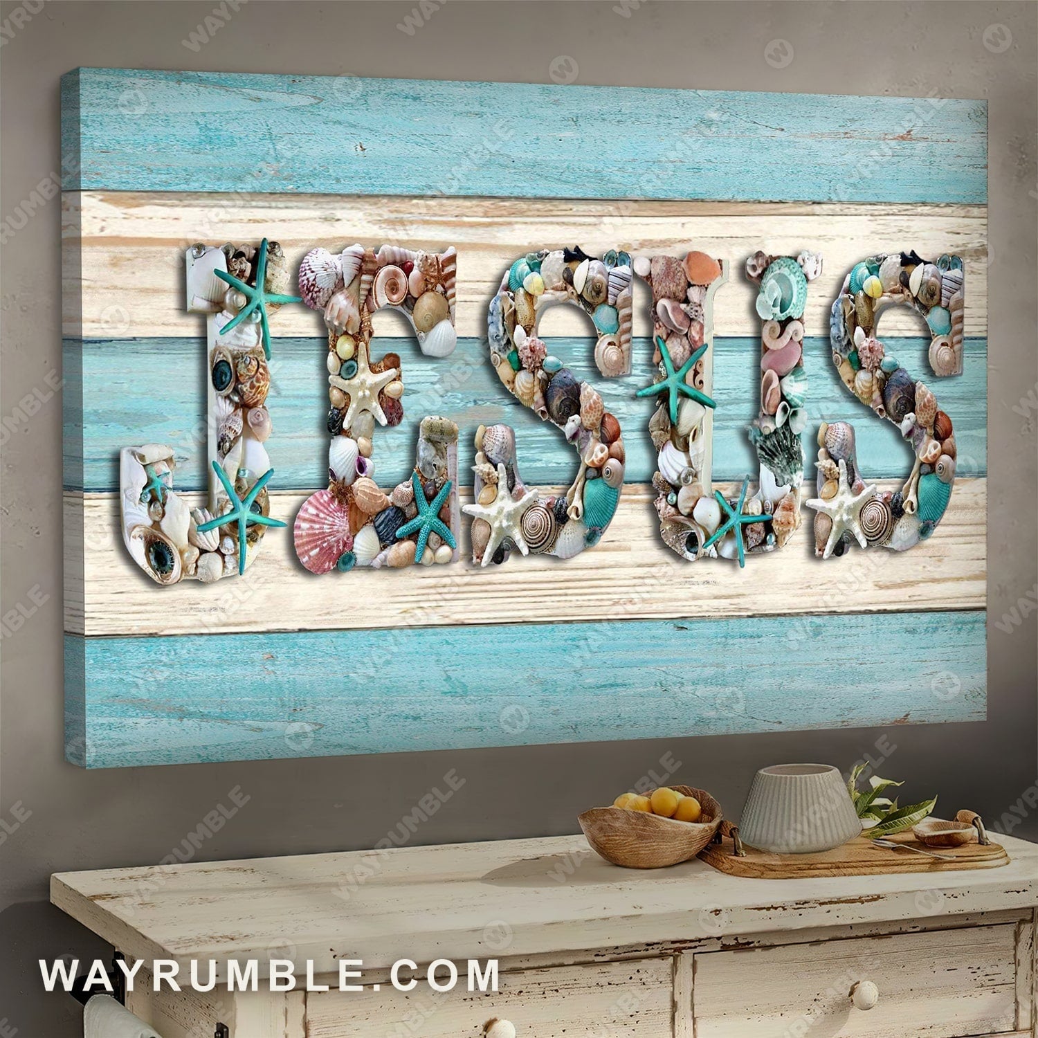 Seashell painting, Blue starfish - Jesus Landscape Canvas Prints, Wall Art