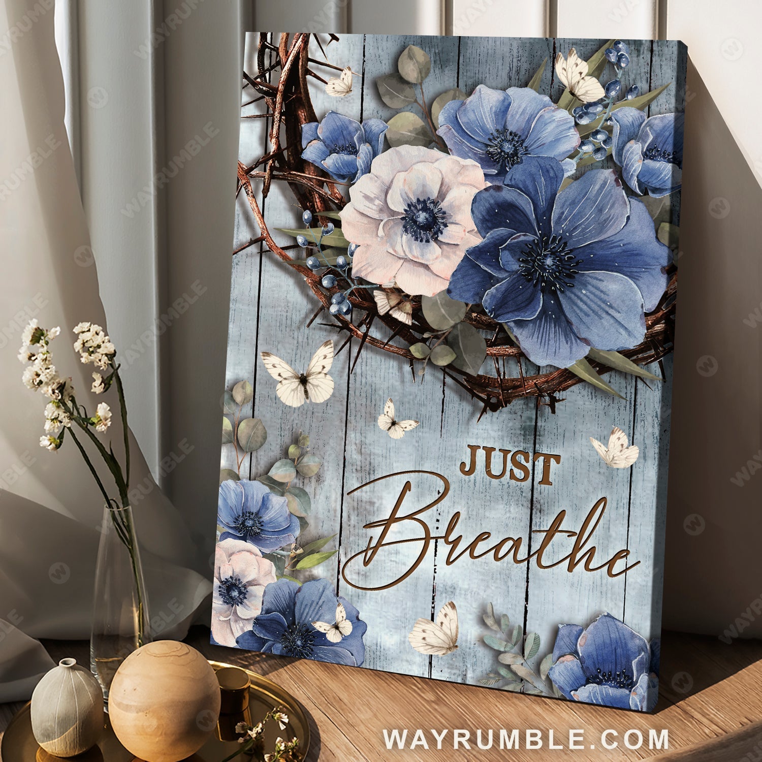Flower painting, Crown of thorns, White butterfly, Just breathe - Jesus Portrait Canvas Prints, Christian Wall Art