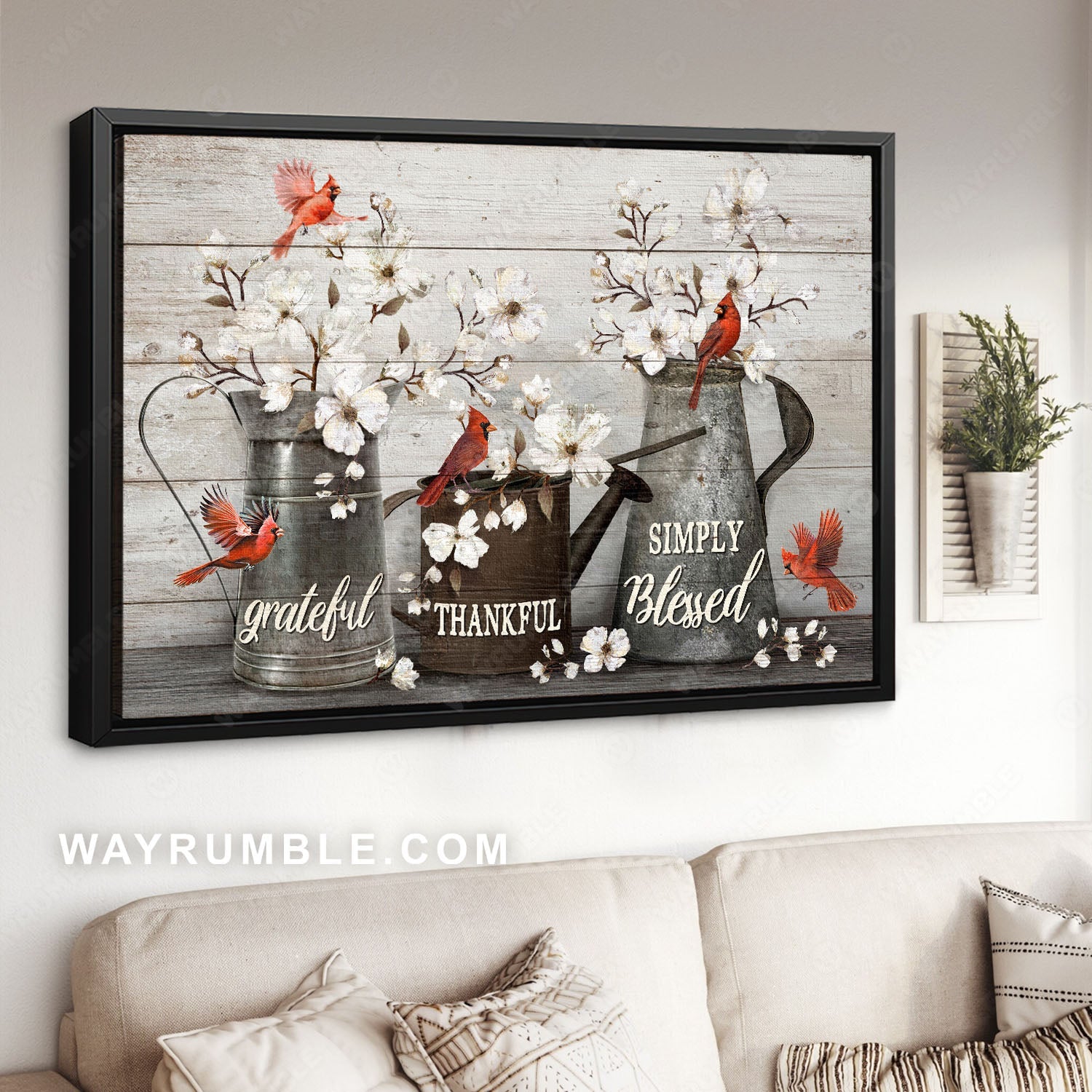 Beautiful white flowers, Red cardinals, Water pots, Simply blessed - Jesus Landscape Canvas Prints, Christian Wall Art