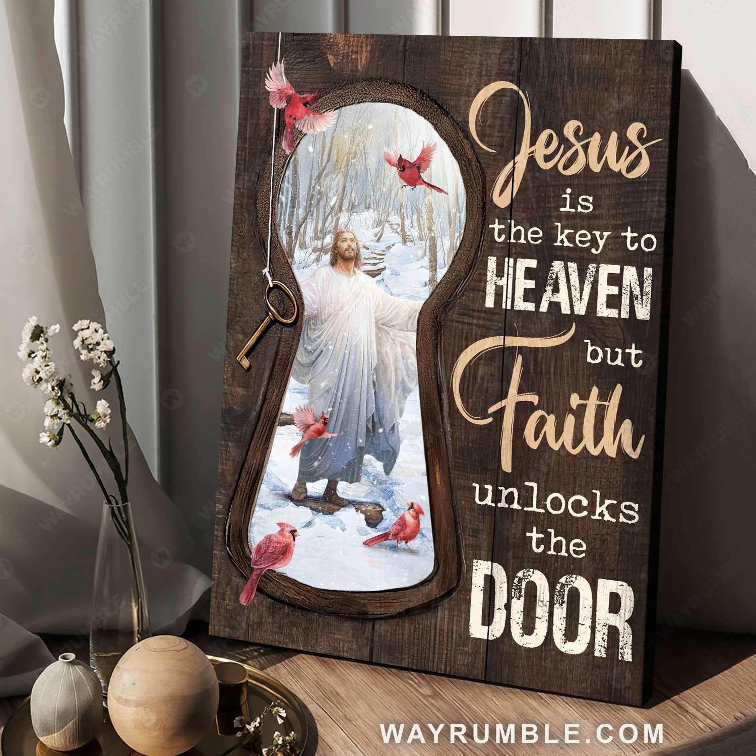 Jesus Christ, Northern cardinal, Winter forest, Jesus is the key to heaven - Jesus Portrait Canvas Prints, Christian Wall Art