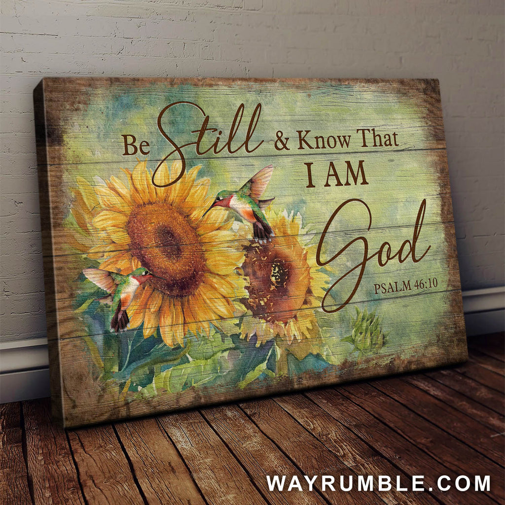 Jesus, Stunning Sunflower, Hummingbird - Be still and know that I am God Landscape Canvas Prints, Wall Art