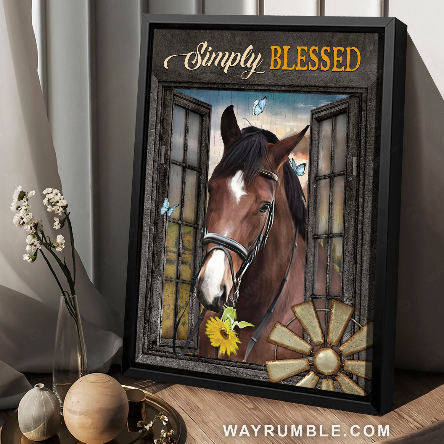 Brown horse, Old windmill, Wooden window, Simply blessed - Jesus Portrait Canvas Prints, Christian Wall Art