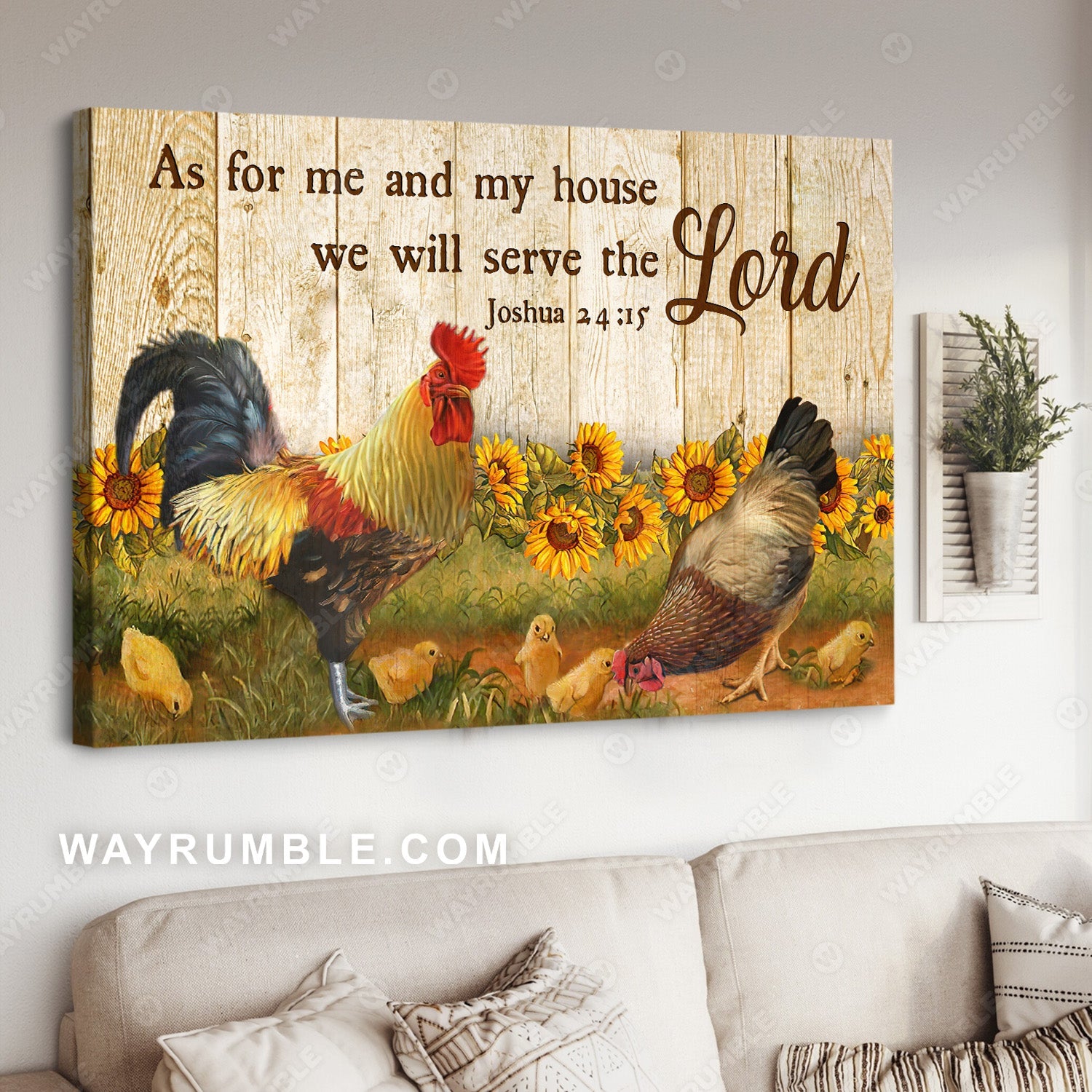 Chicken couple, Sunflower painting, Countryside painting, Me and my house will serve the Lord - Jesus Landscape Canvas Prints, Christian Wall Art