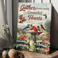 Northern Cardinal, Hummingbirds, Rock water fountain, Gather here with grateful hearts - Jesus Portrait Canvas Prints, Christian Wall Art