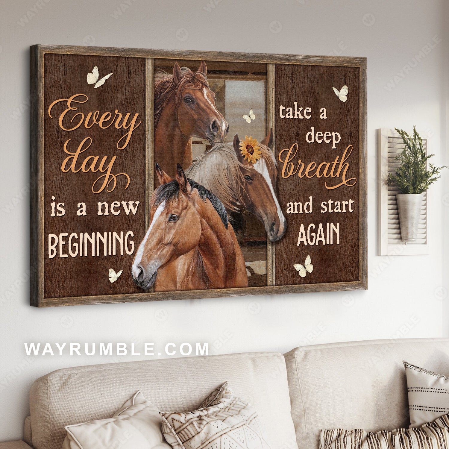 Horse artwork, White butterfly, Small sunflower, Every day is a new beginning - Jesus Landscape Canvas Prints, Home Decor Wall Art
