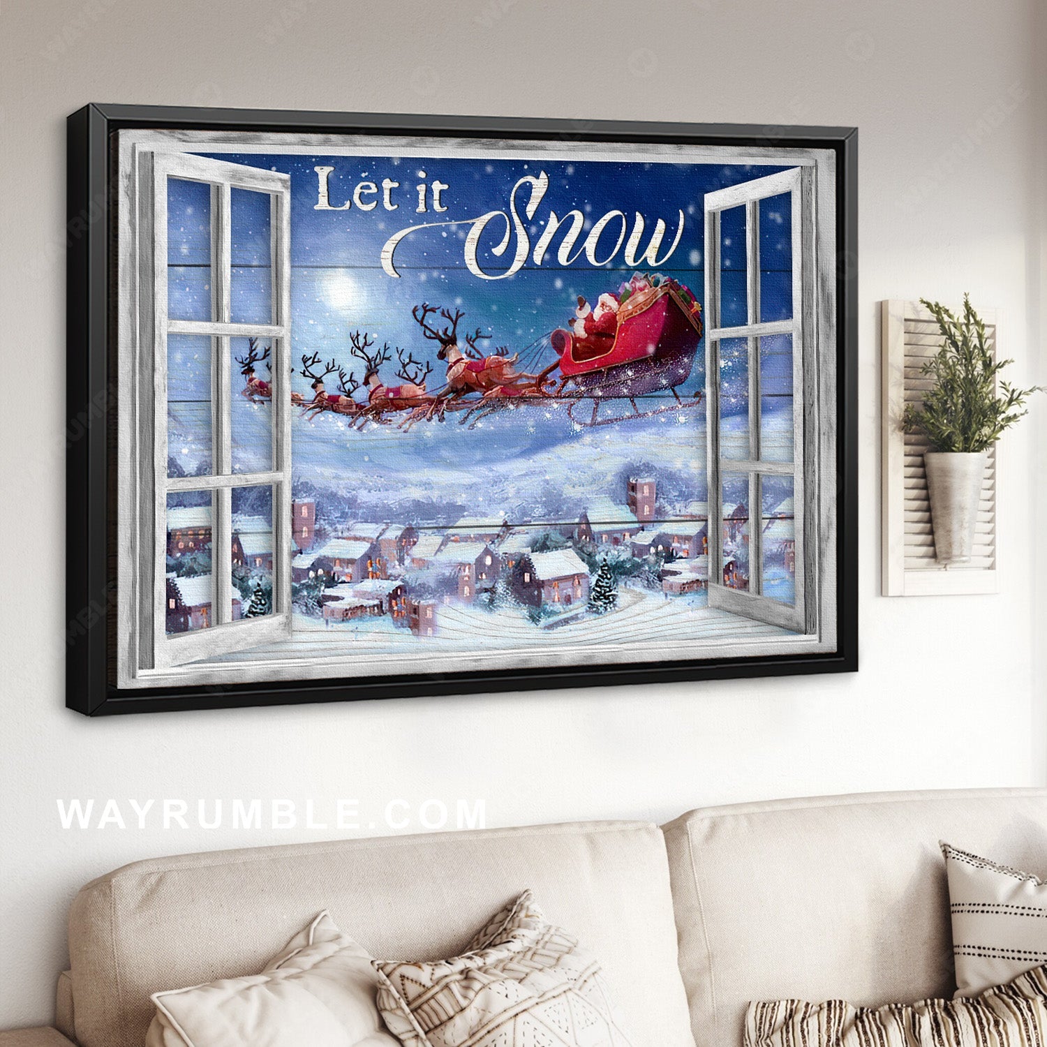 Blue night, Beautiful reindeer, Santa Claus painting, Let it snow - Jesus Landscape Canvas Prints, Home Decor Wall Art