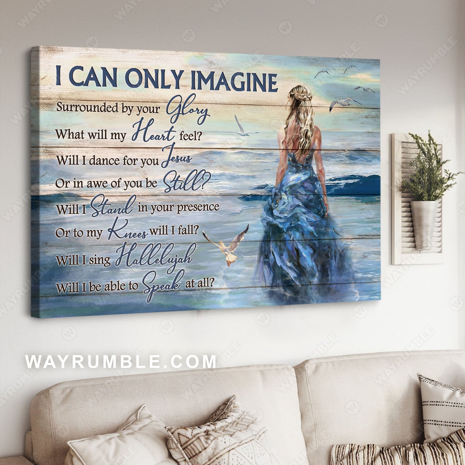 Beautiful girl, Beach scene, Seagull, I can only imagine - Jesus Landscape Canvas Prints, Christian Wall Art