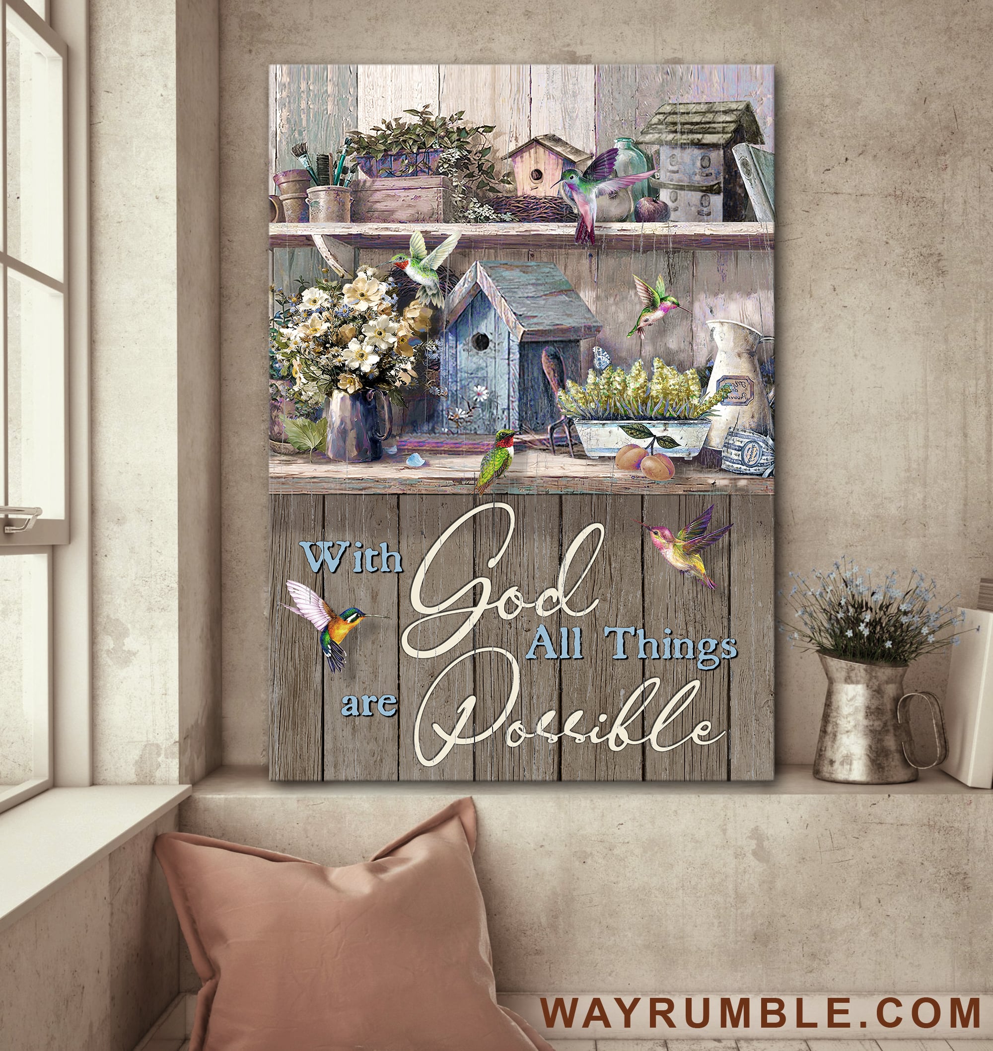 Vintage Kitchen, With God all things are possible - Jesus, Flowers, Hummingbird Portrait Canvas Prints, Wall Art
