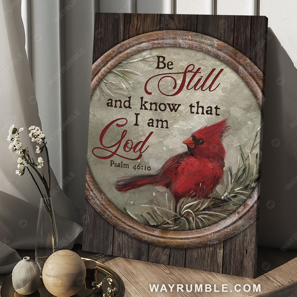 Red cardinal, Circle frame, Winter forest, Be still and know that I am God - Jesus Portrait Canvas Prints, Christian Wall Art