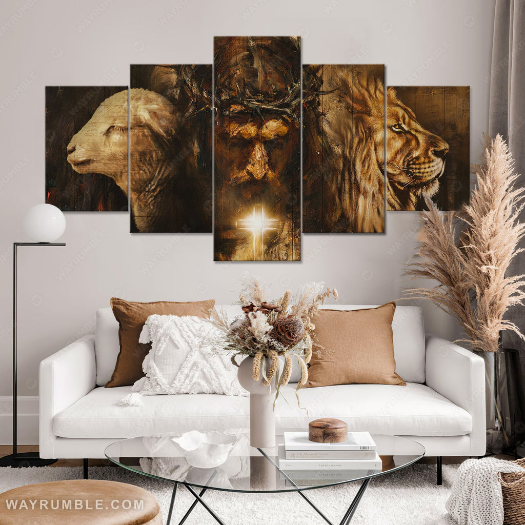 The face of Jesus, Lord of Lords, Lion king, Lamb drawing, Crown of thorn - Jesus 5 Panel Piece Wall Art Canvas Print For Home Decor Decoration