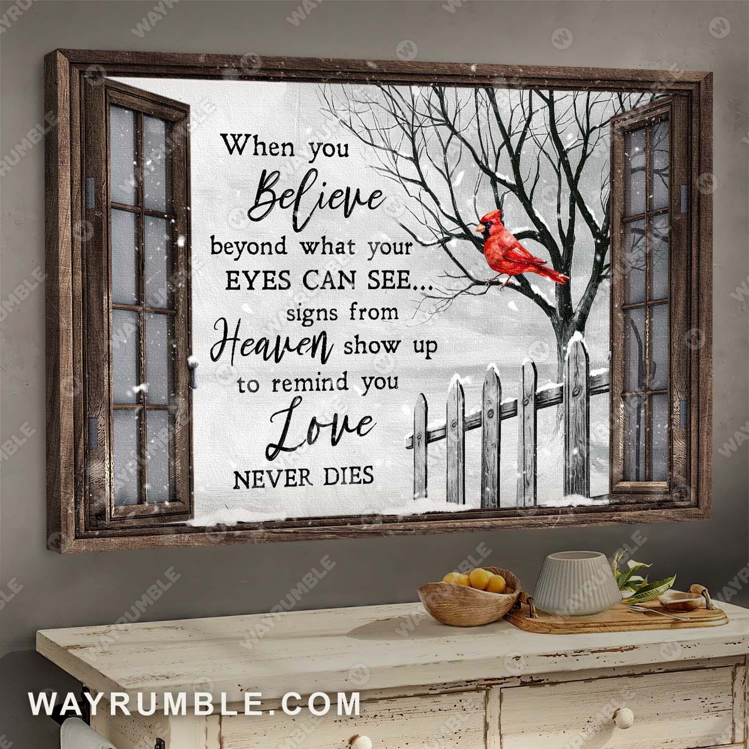 Cardinal, Winter tree, Window frame, When you believe, signs from heaven show up to remind you love never dies - Heaven Landscape Canvas Prints, Wall Art