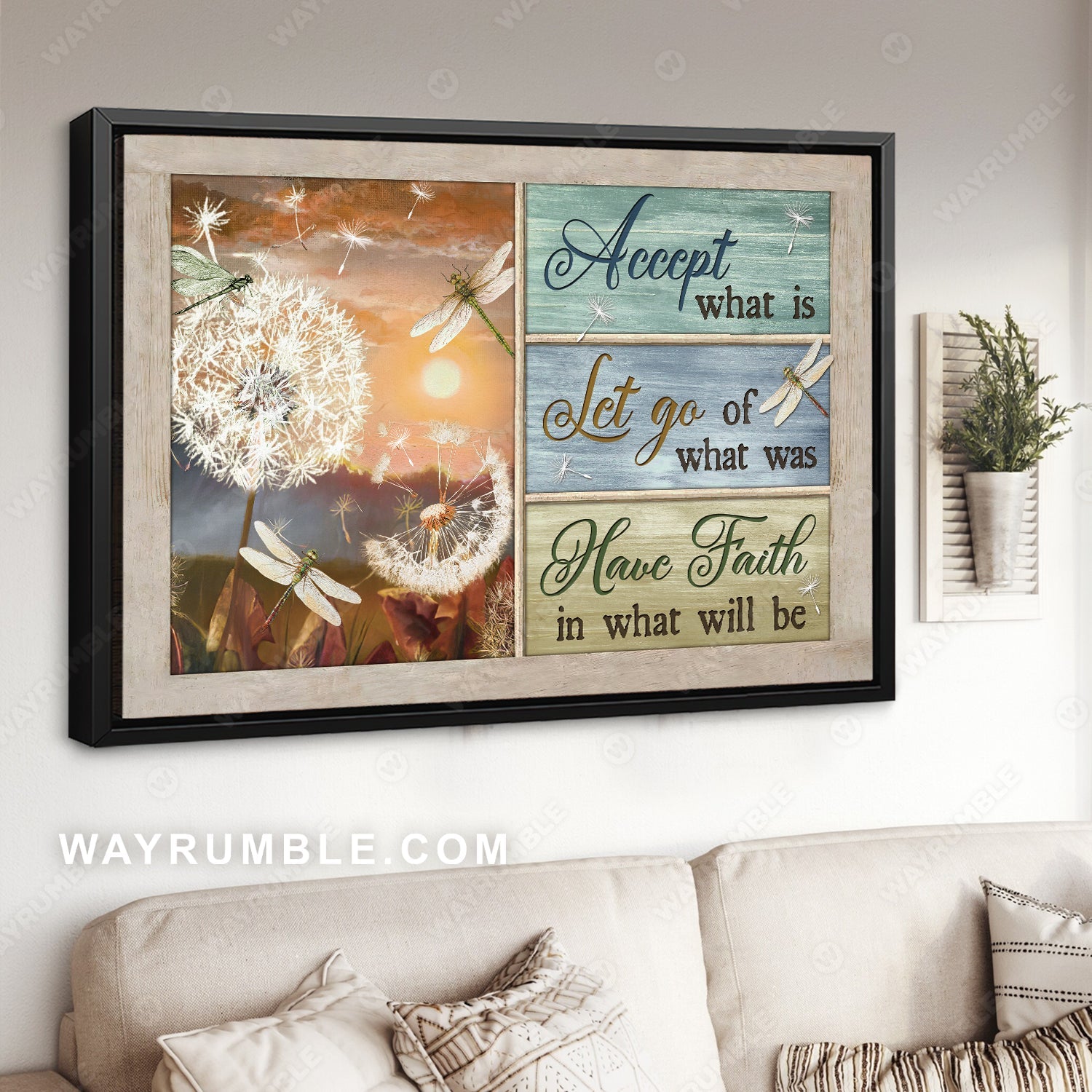 Beautiful sunset, Lovely dragonfly, Dandelion, Accept what is let go - Jesus Landscape Canvas Prints, Home Decor Wall Art