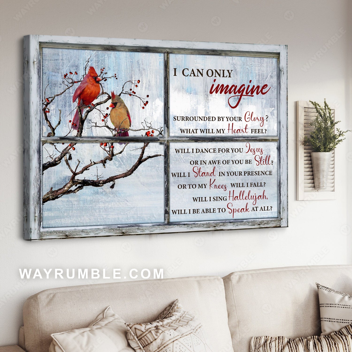 Cardinal painting, Winter garden, Outside the window, I can only imagine - Jesus Landscape Canvas Prints, Christian Wall Art