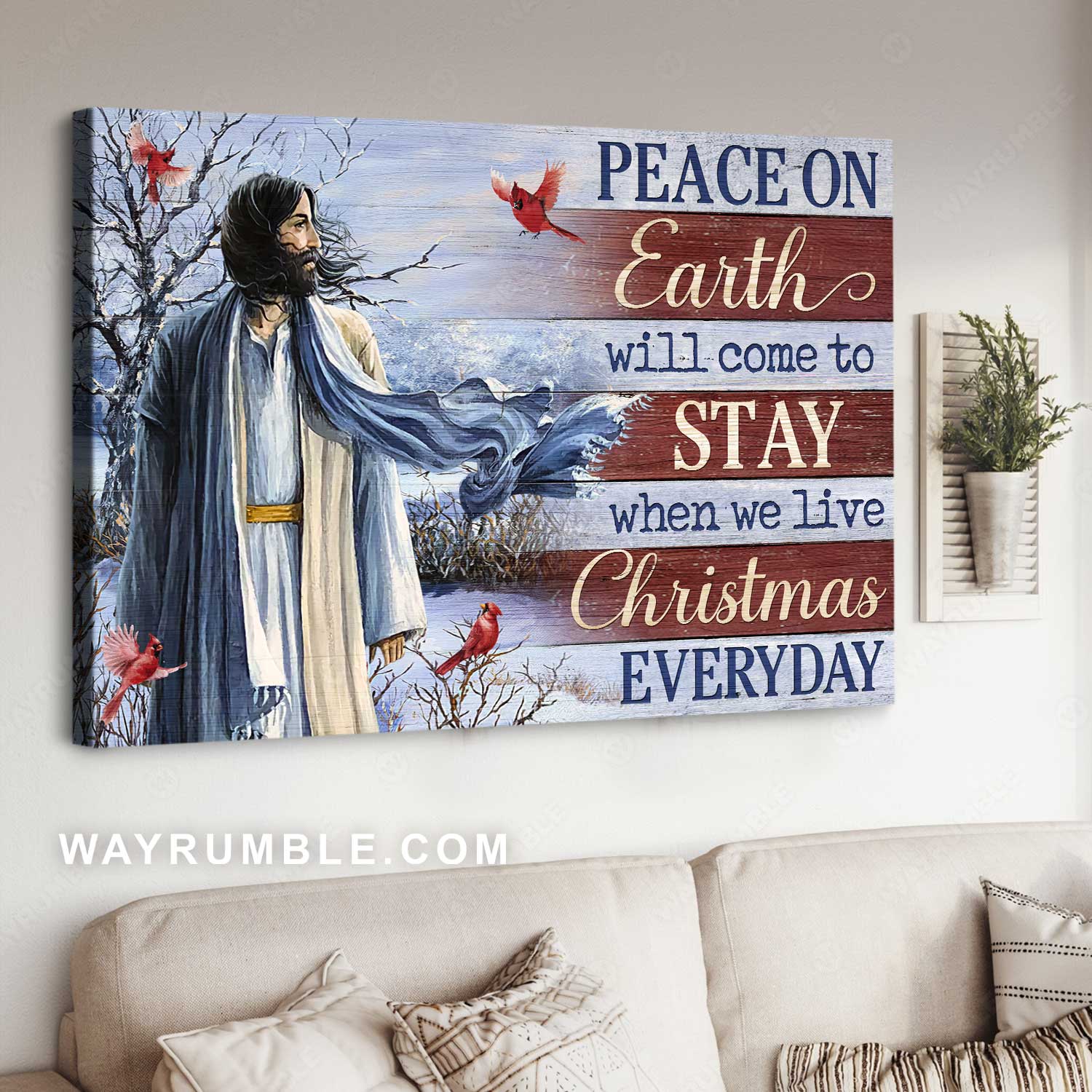Watercolor Jesus painting, Red cardinal, Peace on earth will come to stay - Jesus Landscape Canvas Prints, Home Decor Wall Art