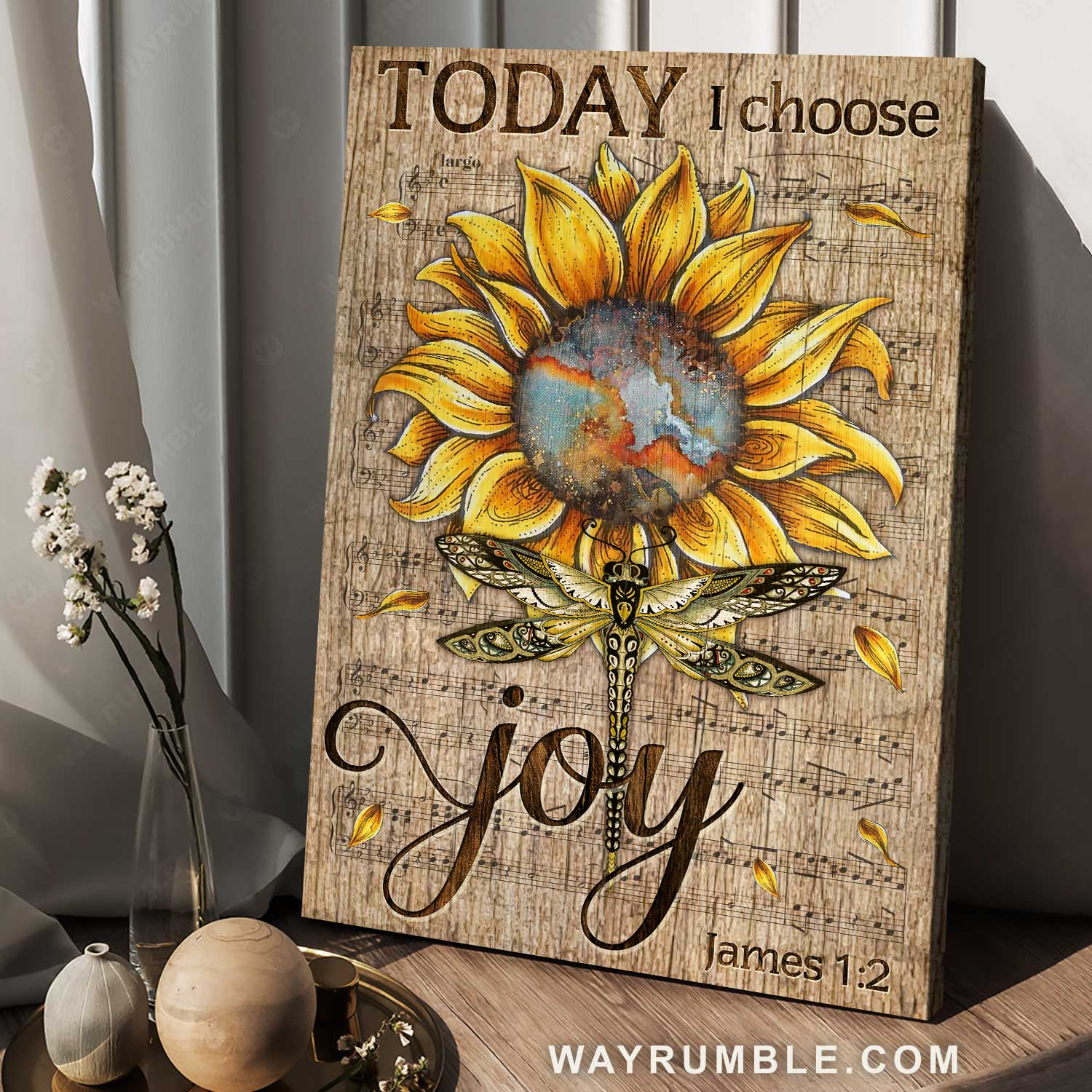 Vintage sunflower, Pretty dragonfly, Music sheet, Today I choose joy - Jesus Portrait Canvas Prints, Home Decor Wall Art