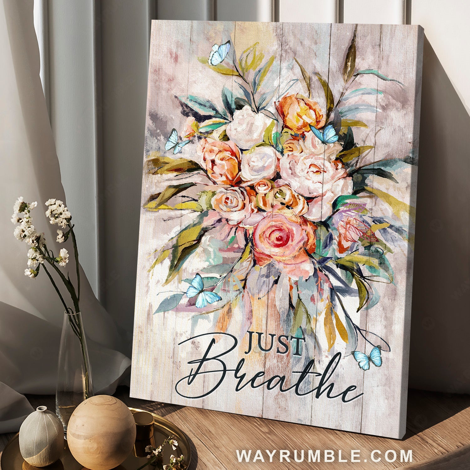 Watercolor rose, Blue butterfly, Gift for flower lover, Just breathe - Jesus Portrait Canvas Prints, Home Decor Wall Art