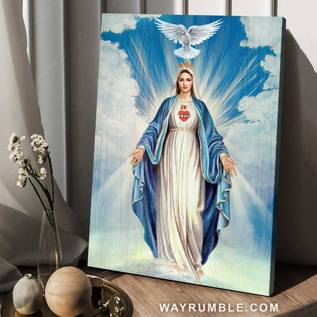 Stunning Maria painting, Blue heaven, White dove symbol - Jesus Portrait Canvas Prints, Home Decor Wall Art