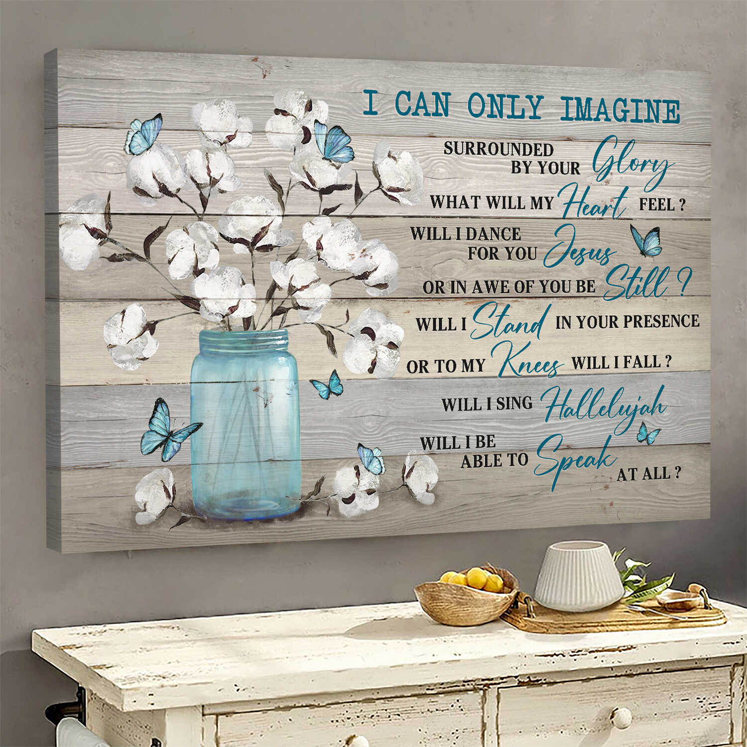 Blue butterfly, Cotton flower painting, I can only imagine - Jesus Landscape Canvas Prints, Wall Art