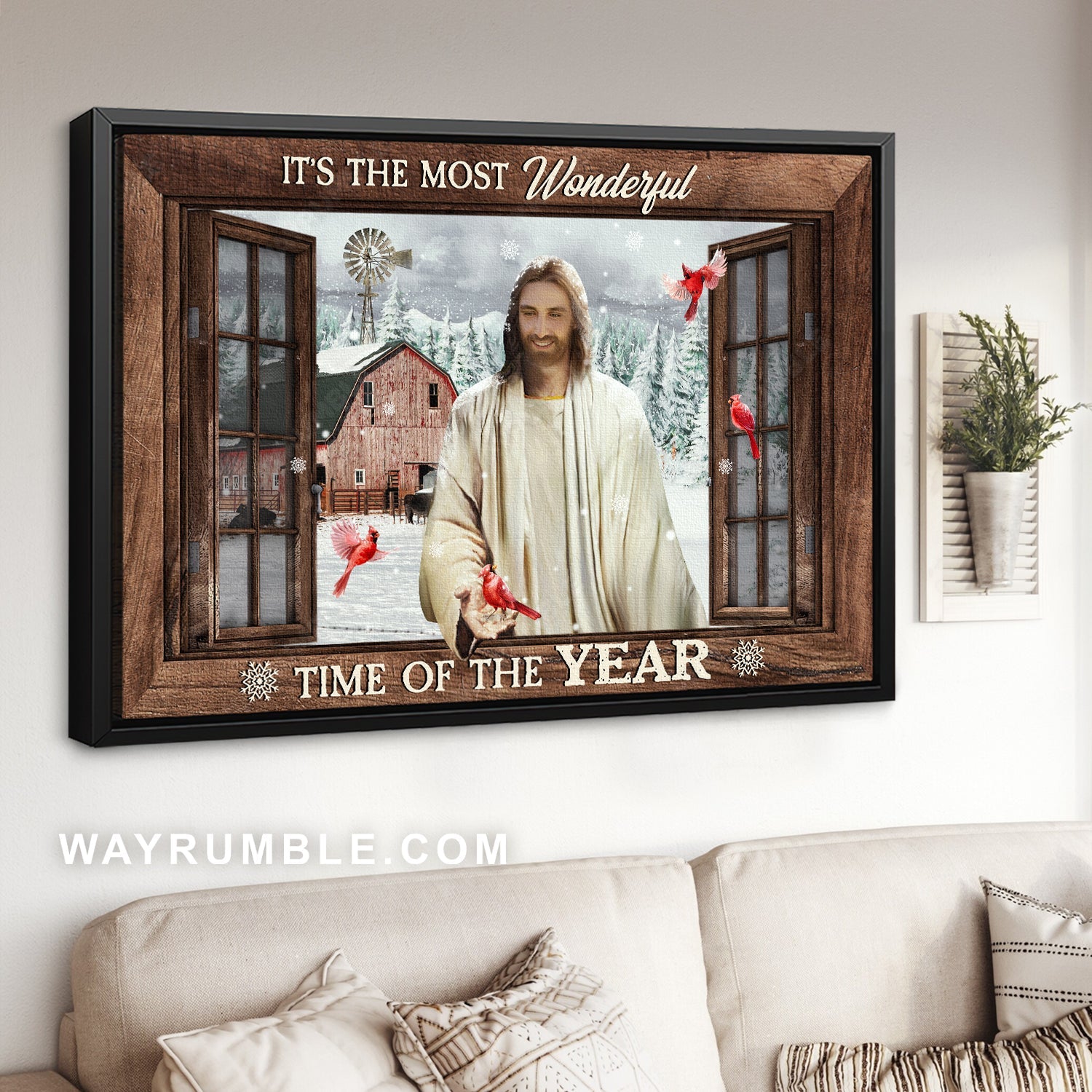 Stunning Jesus painting, Red cardinal, It's the most wonderful time of the year - Jesus Landscape Canvas Prints, Home Decor Wall Art