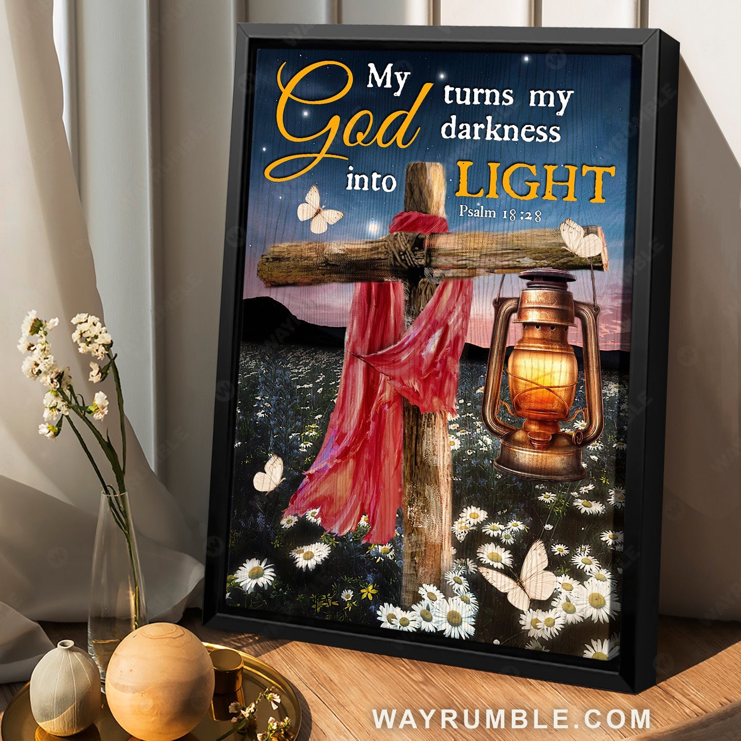Stunning cross, Watercolor lantern, Daisy field, My God turns my darkness into light - Jesus Portrait Canvas Prints, Home Decor Wall Art