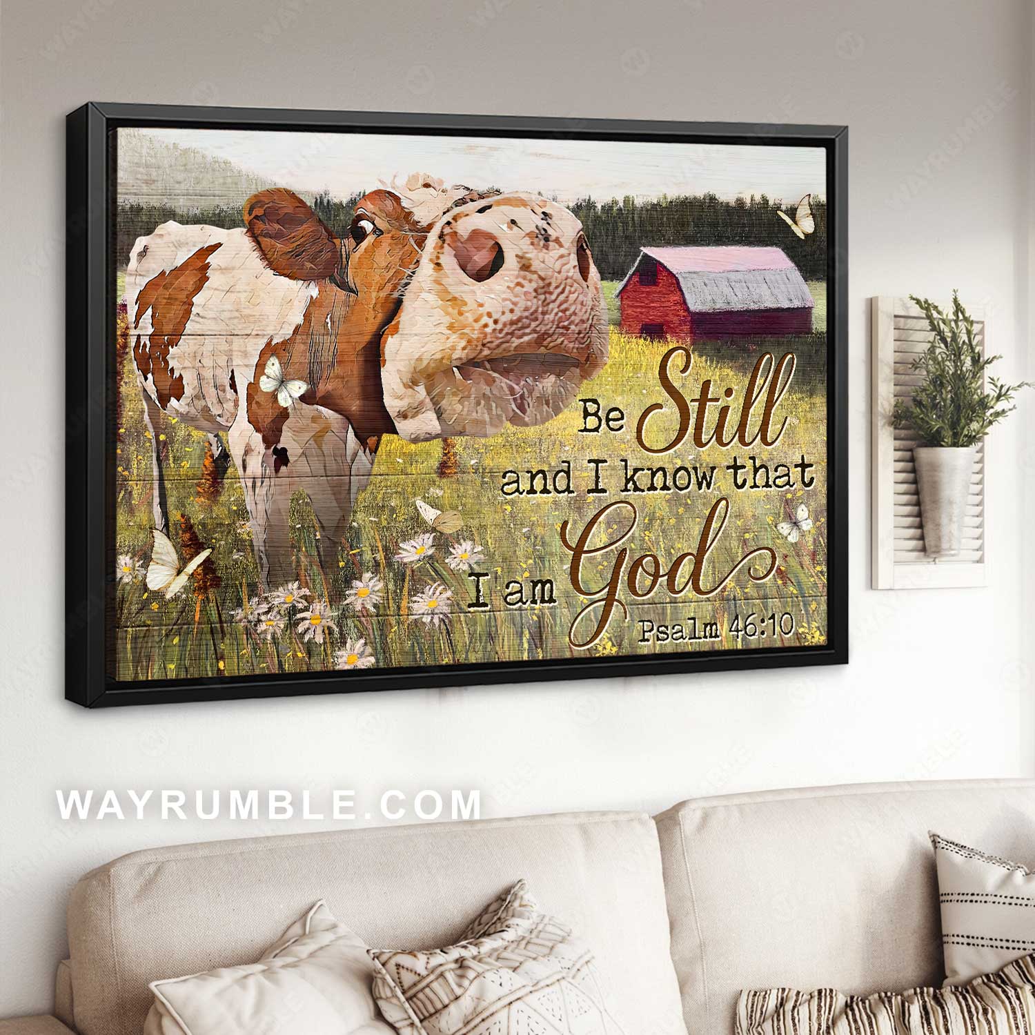 Beautiful dairy cow, Green flower field, Be still and know that I am God - Jesus Landscape Canvas Prints, Home Decor Wall Art