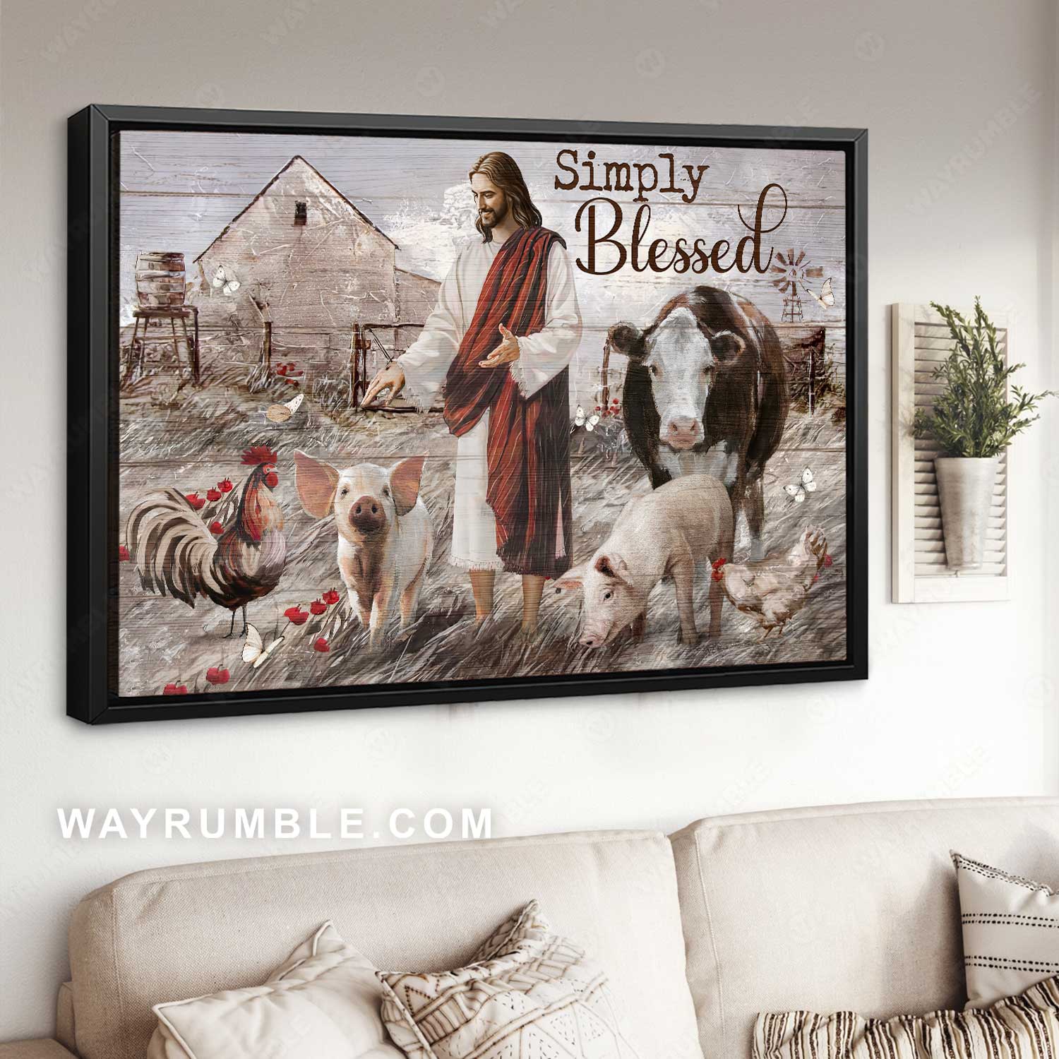 Watercolor farm painting, Happy Jesus, Red flower, Simply blessed - Jesus Landscape Canvas Prints, Home Decor Wall Art