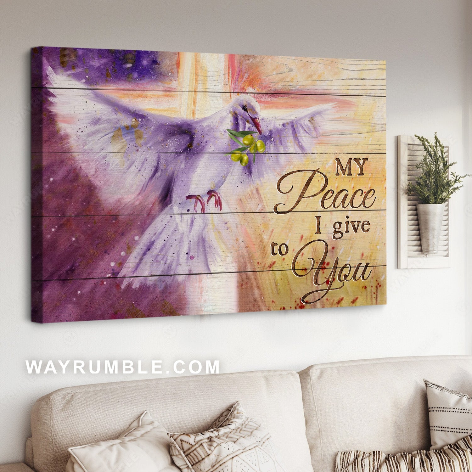Purple dove painting, Colorful halo, White cross, My peace I give to you - Jesus Landscape Canvas Prints, Home Decor Wall Art