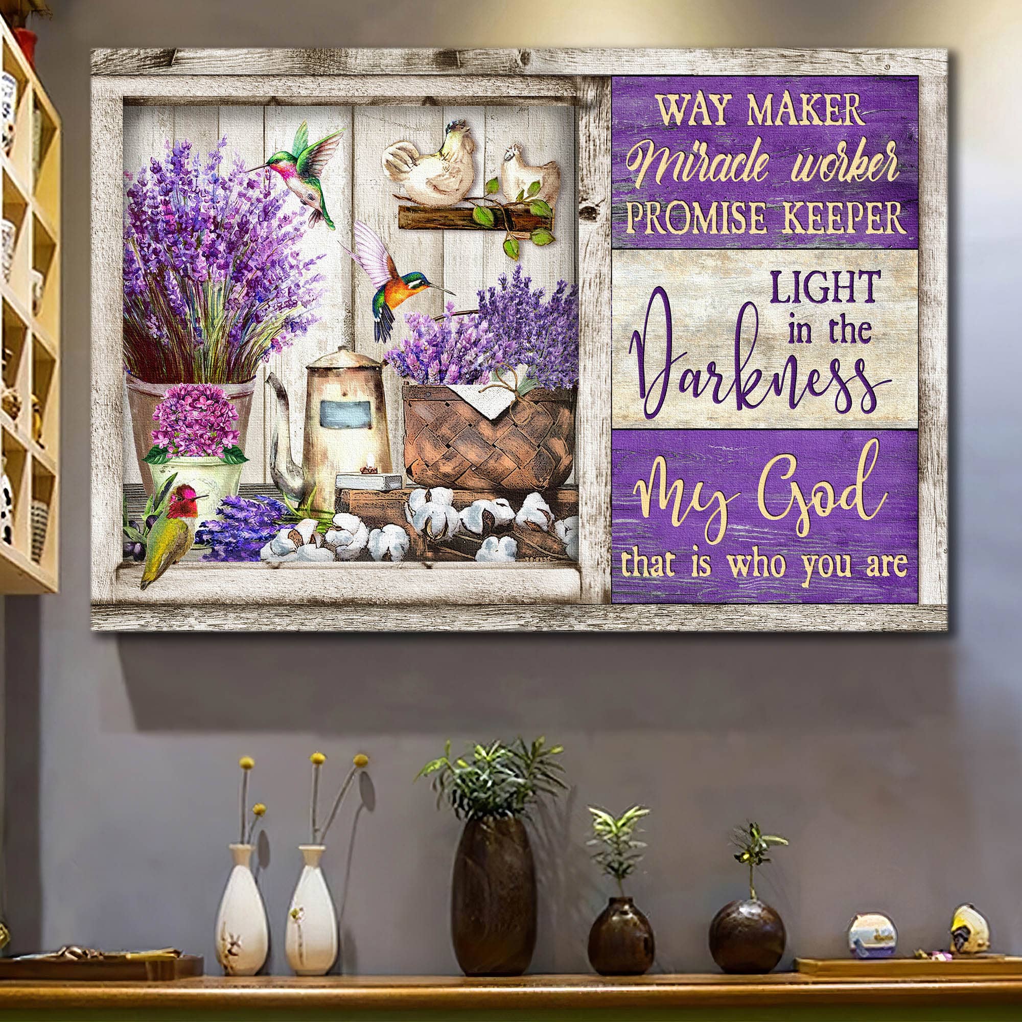 Dried lavender painting, Colorful hummingbird, My God is the light in the darkness - Jesus Landscape Canvas Prints, Wall Art