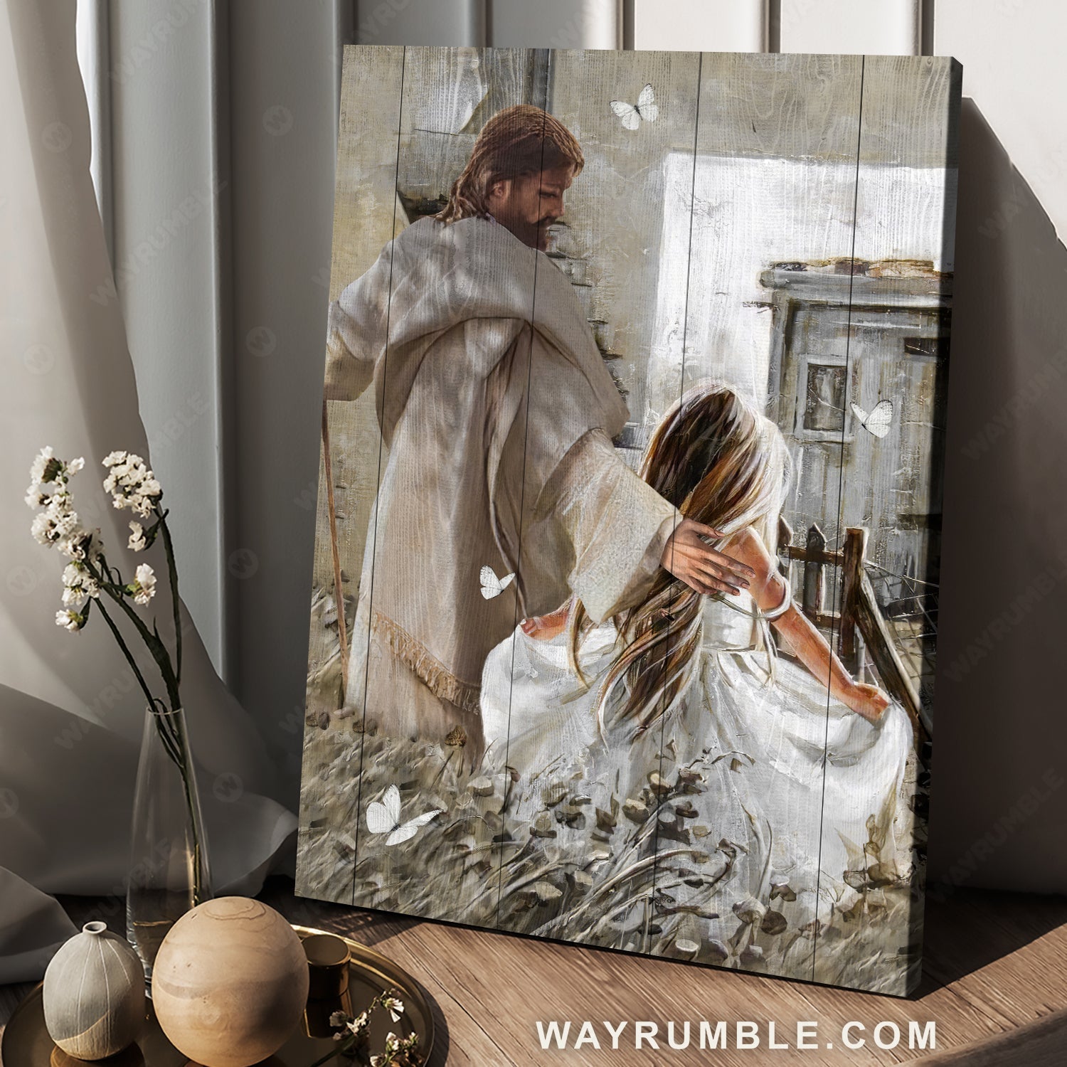 Beautiful little girl, Watercolor painting, Walking with Jesus - Jesus Portrait Canvas Prints, Home Decor Wall Art