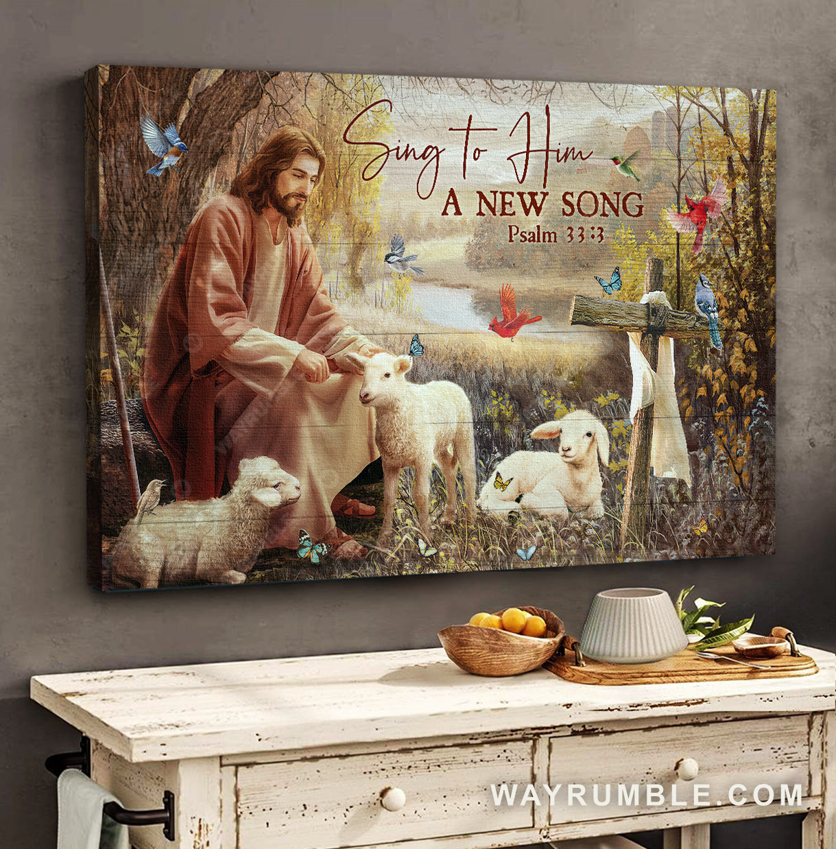 Jesus painting, White sheep, Under the tree with Jesus, Sing to Him a new song - Jesus Landscape Canvas Prints, Christian Wall Art