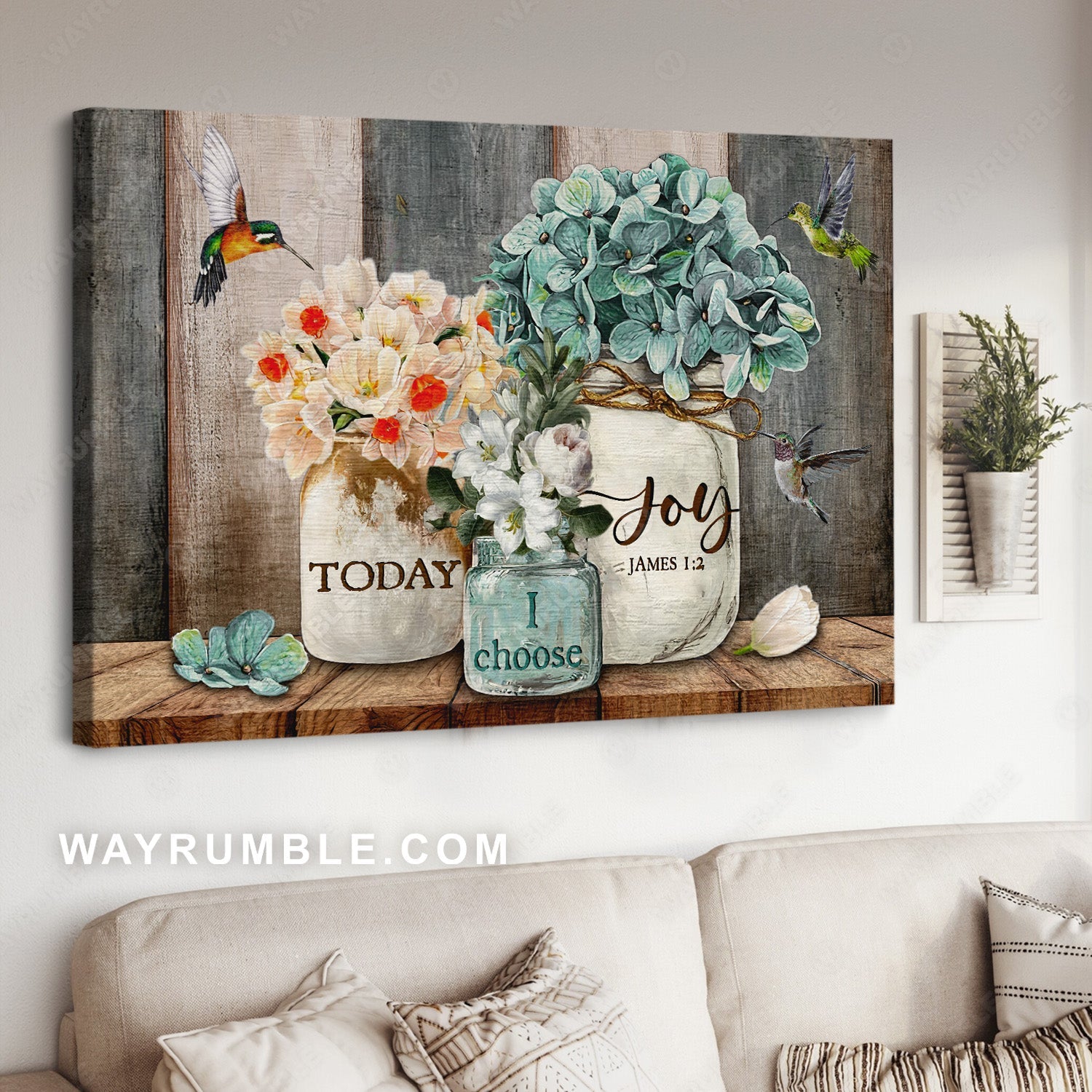 Blue hydrangea, Beautiful flower vase, Hummingbird, Today I choose joy - Jesus Landscape Canvas Prints, Christian Wall Art