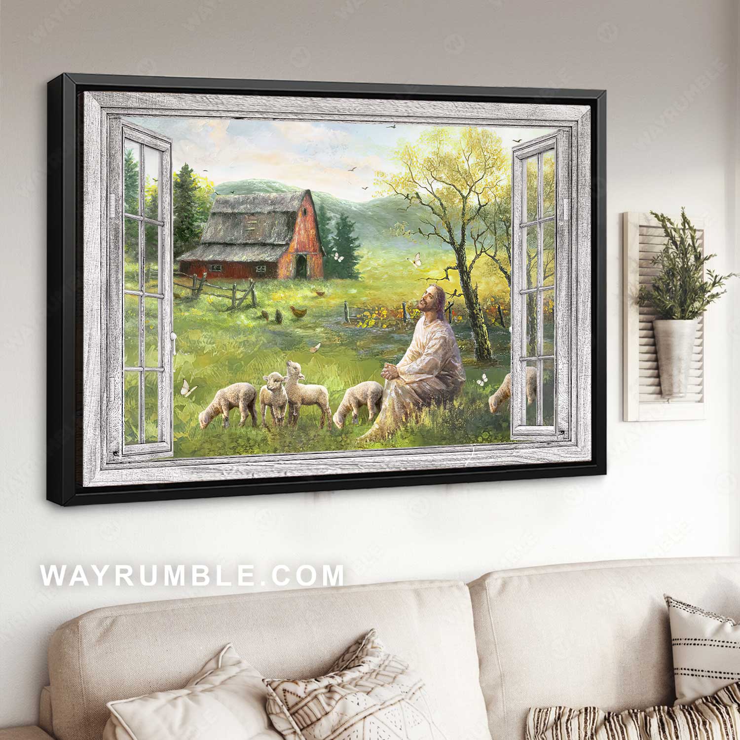 Meadow land painting, Lamb farm, Jesus drawing, Countryside artwork - Jesus Landscape Canvas Prints, Home Decor Wall Art