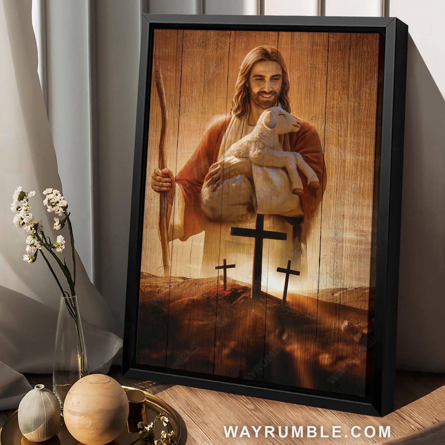 Happy sunset, Lamb of God, The world in his arm, Cross symbol - Jesus Portrait Canvas Prints, Home Decor Wall Art