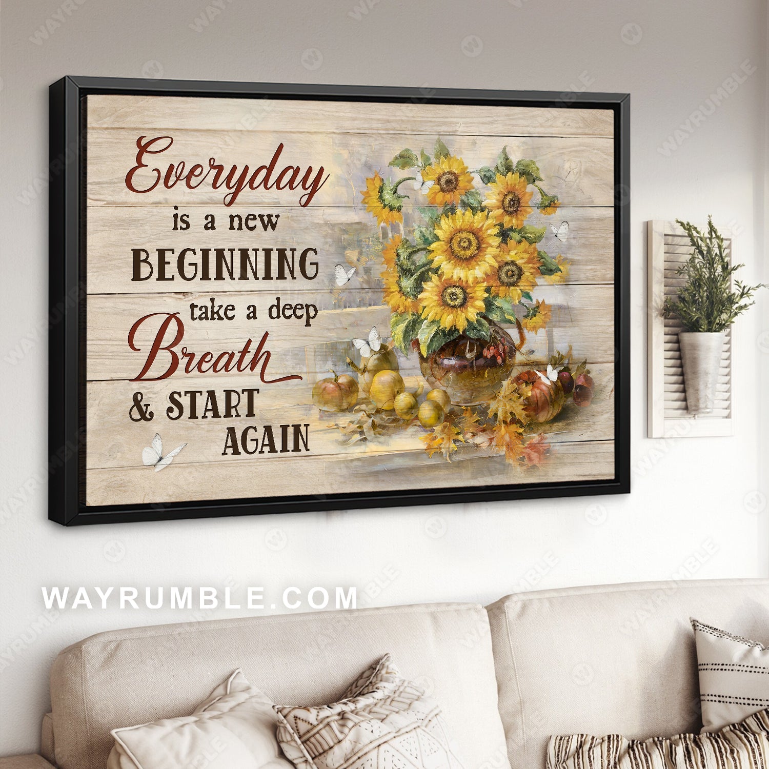 Pretty sunflower, Antique vase, Maple leaf, Every day is a new beginning - Jesus Landscape Canvas Prints, Home Decor Wall Art