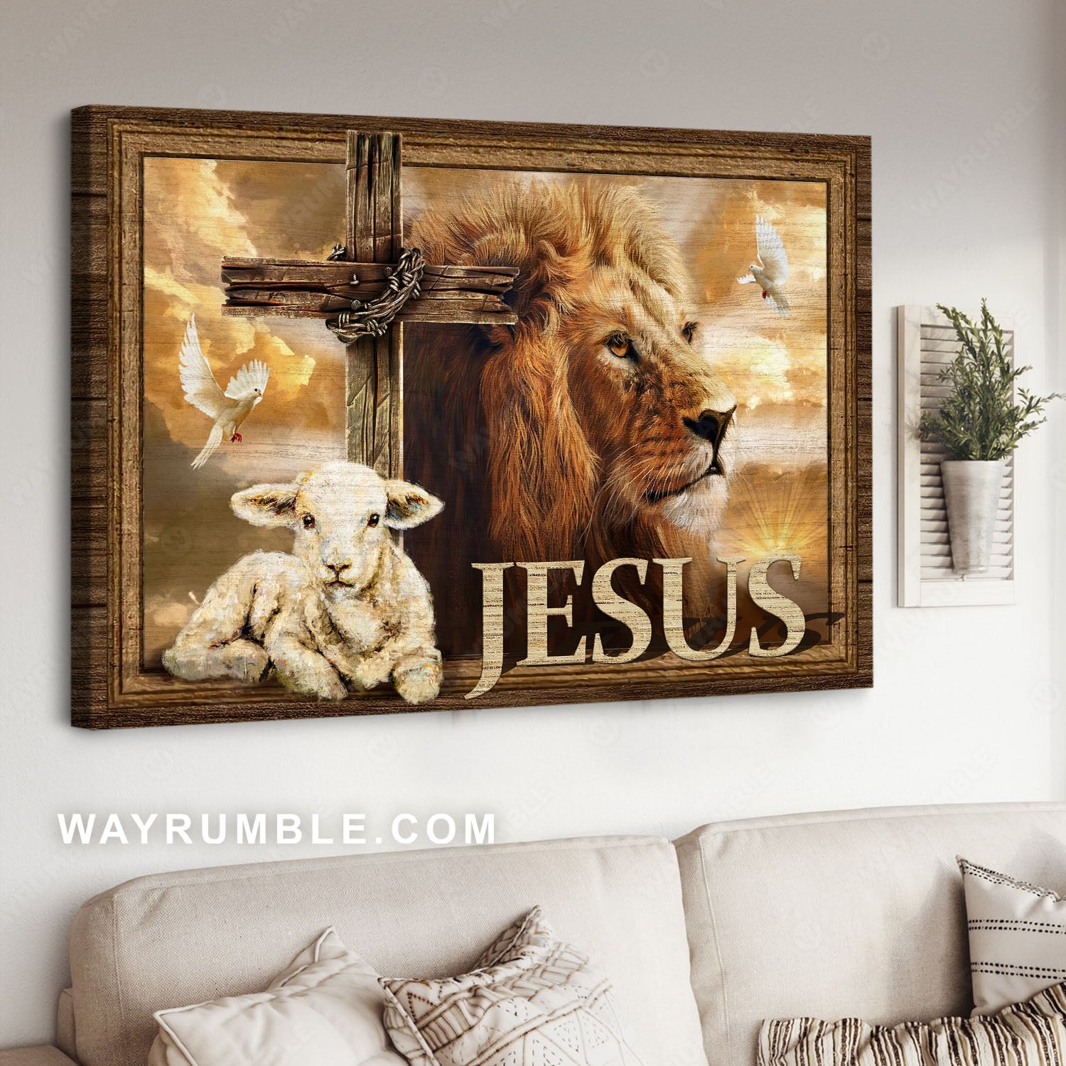 Cute lamb, Cross symbol, Amazing lion, White dove artwork, Jesus - Jesus Landscape Canvas Prints, Christian Wall Art