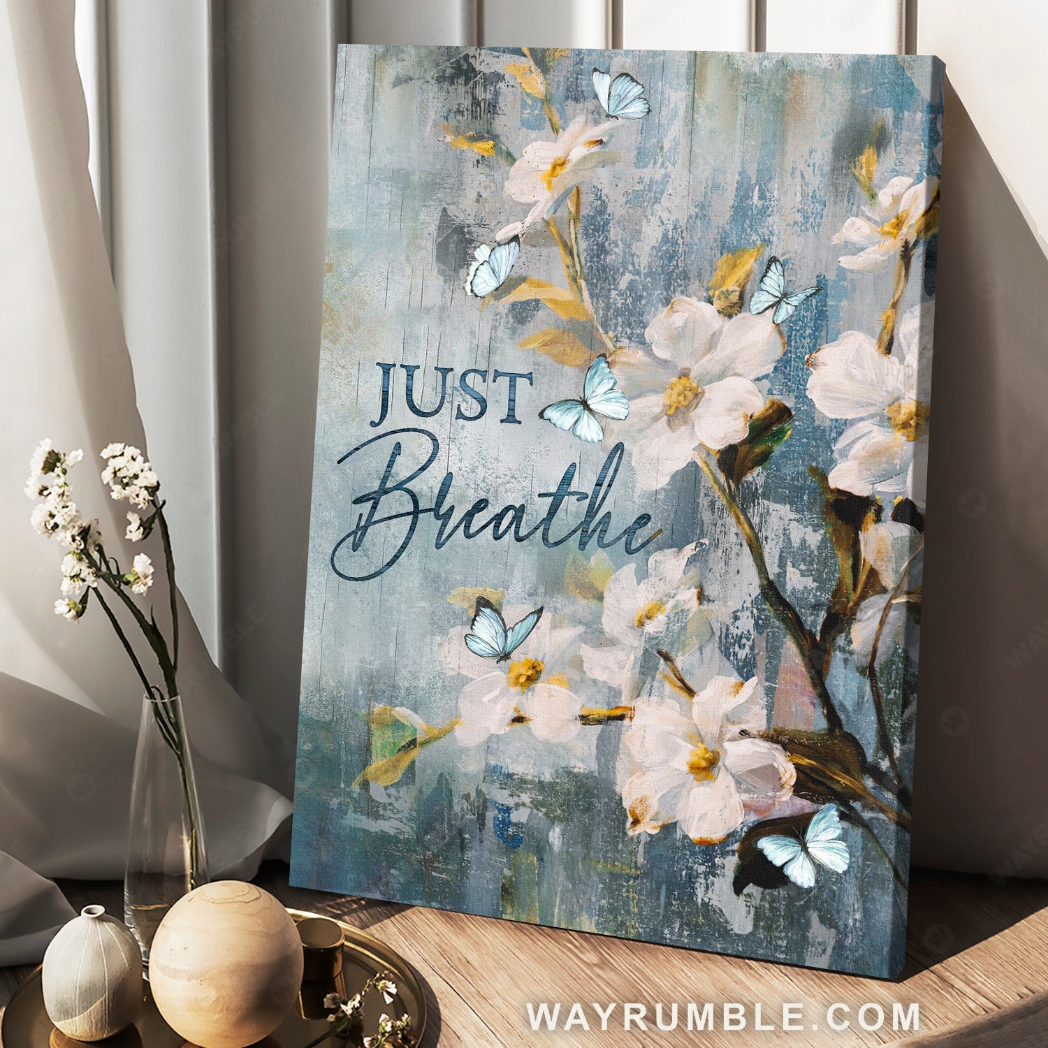 Watercolor white flower, Light blue butterfly, Just breathe - Jesus Portrait Canvas Prints, Home Decor Wall Art