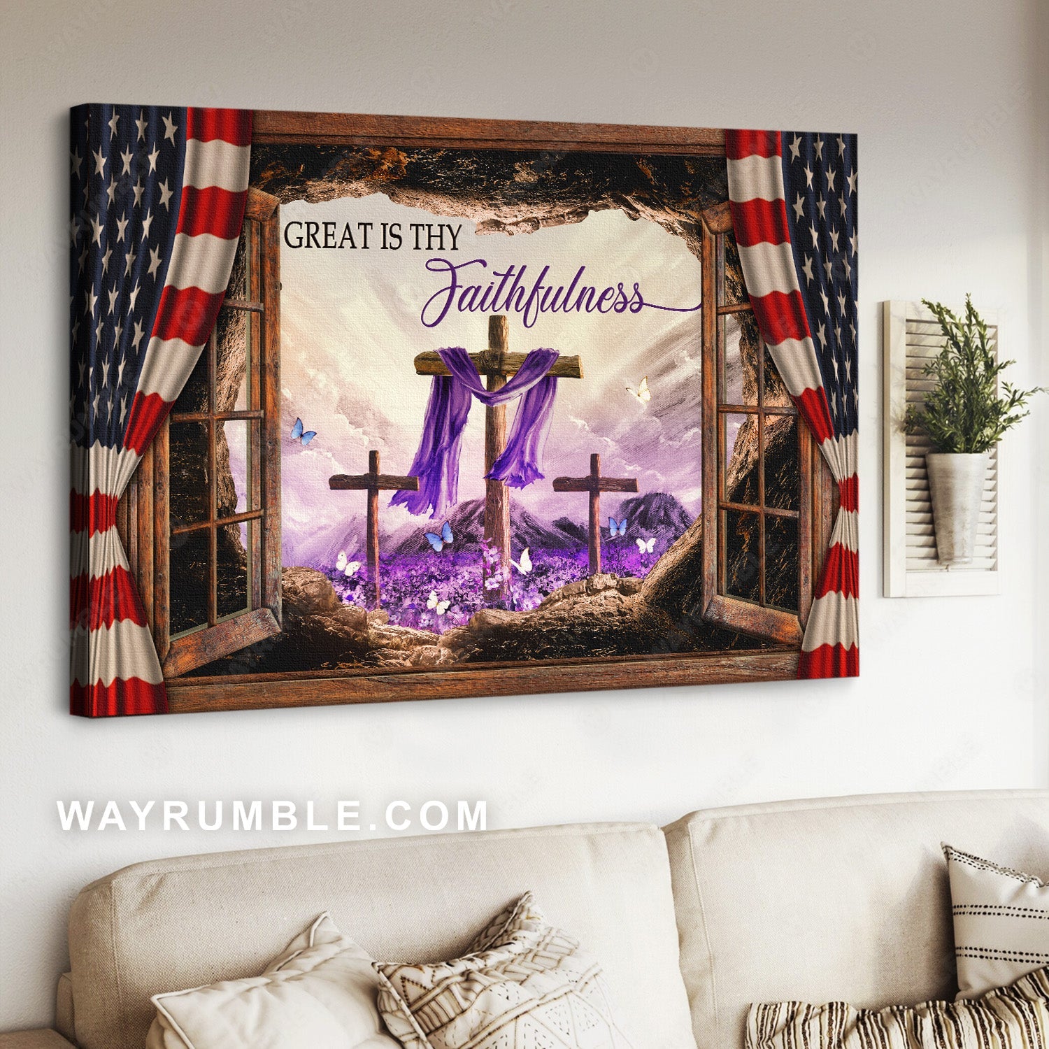 Purple silk, Stunning mountain, US flag, Great is thy faithfulness - Jesus Landscape Canvas Prints, Home Decor Wall Art